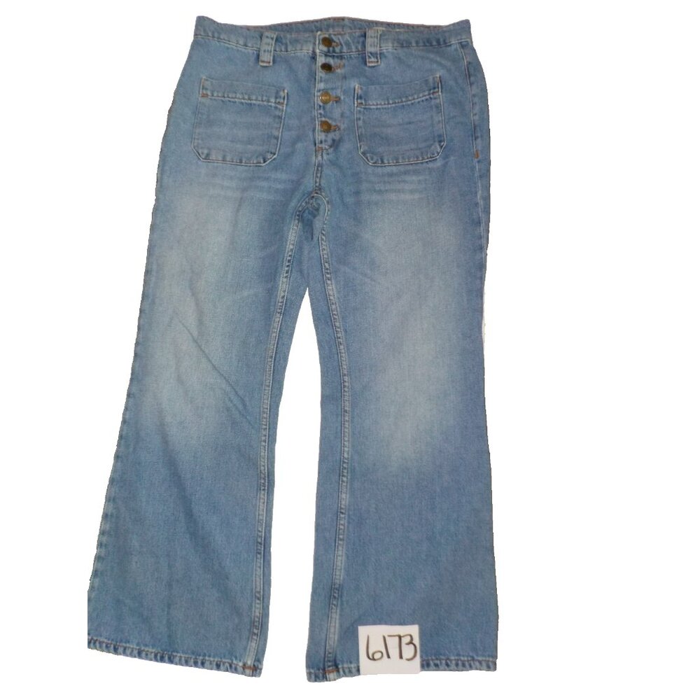 Zara Woman Wide Leg Size 8 Cropped Stretch Button Fly Blue Denim Jeans (32 x 27)